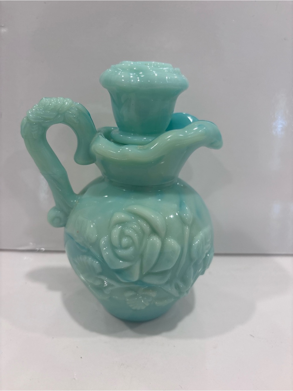 Vintage Avon aqua milk glass rose pitcher perfume bottle decanter w stopper 5”